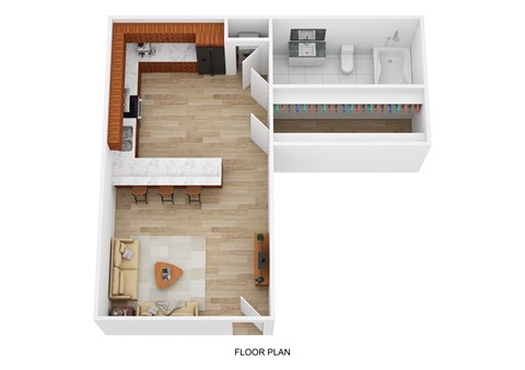 A floor plan of a small apartment with a living room, kitchen, and bathroom.